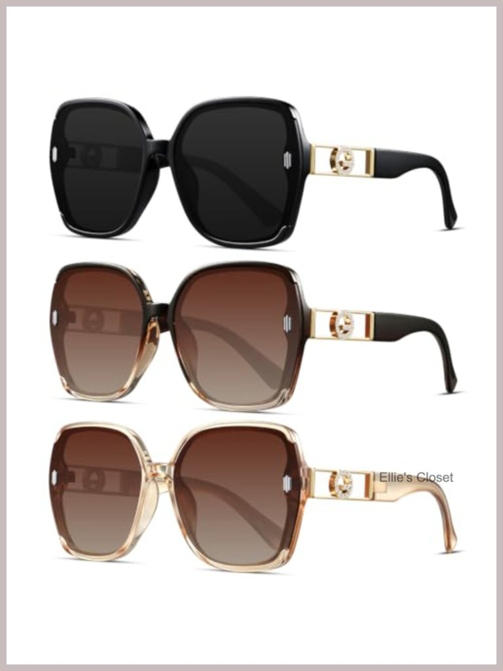 3 Pack Retro Oversized Square Sunglasses UV400 Full-Frame Plastic